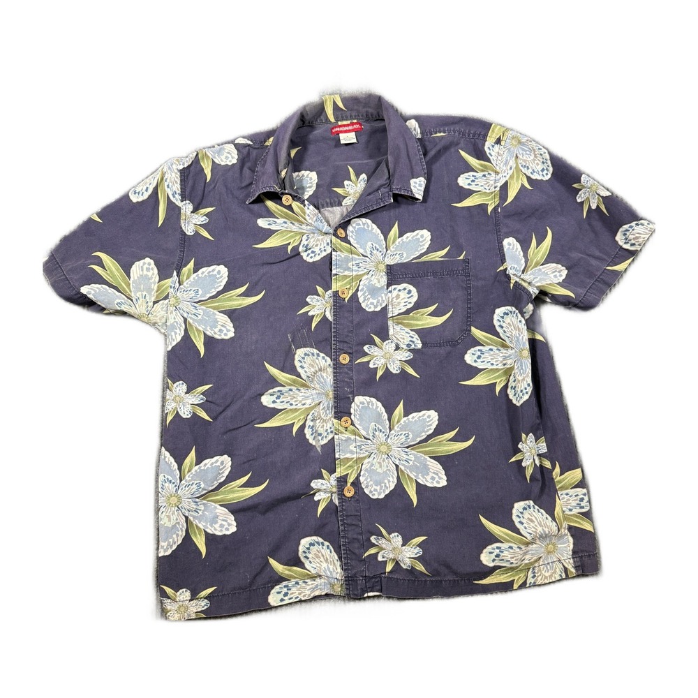 Unionbay Hawaiian Floral Button Up Shirt Navy Mens Large Made Hong Kong